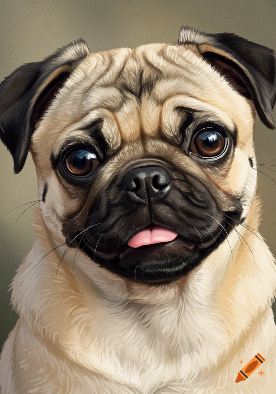 A realistic headshot portrait of a fawn pug with a black snout and big brown eyes, looking directly forward, with its pink tongue slightly out.