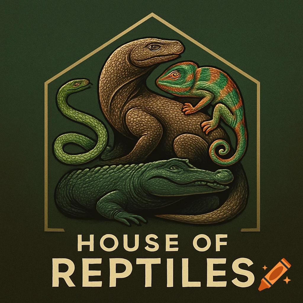 Stylized logo featuring a lizard, chameleon, snake, and alligator, with the text 'HOUSE OF REPTILES' below, on a dark green background.