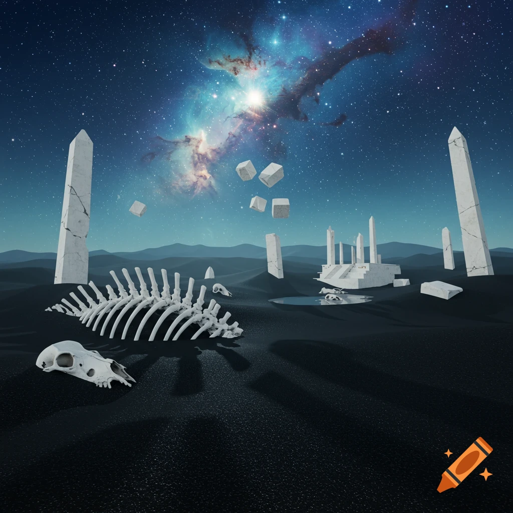 A surreal black sand desert with white ancient ruins, floating cubes, and a giant skeleton under a starry nebula sky.