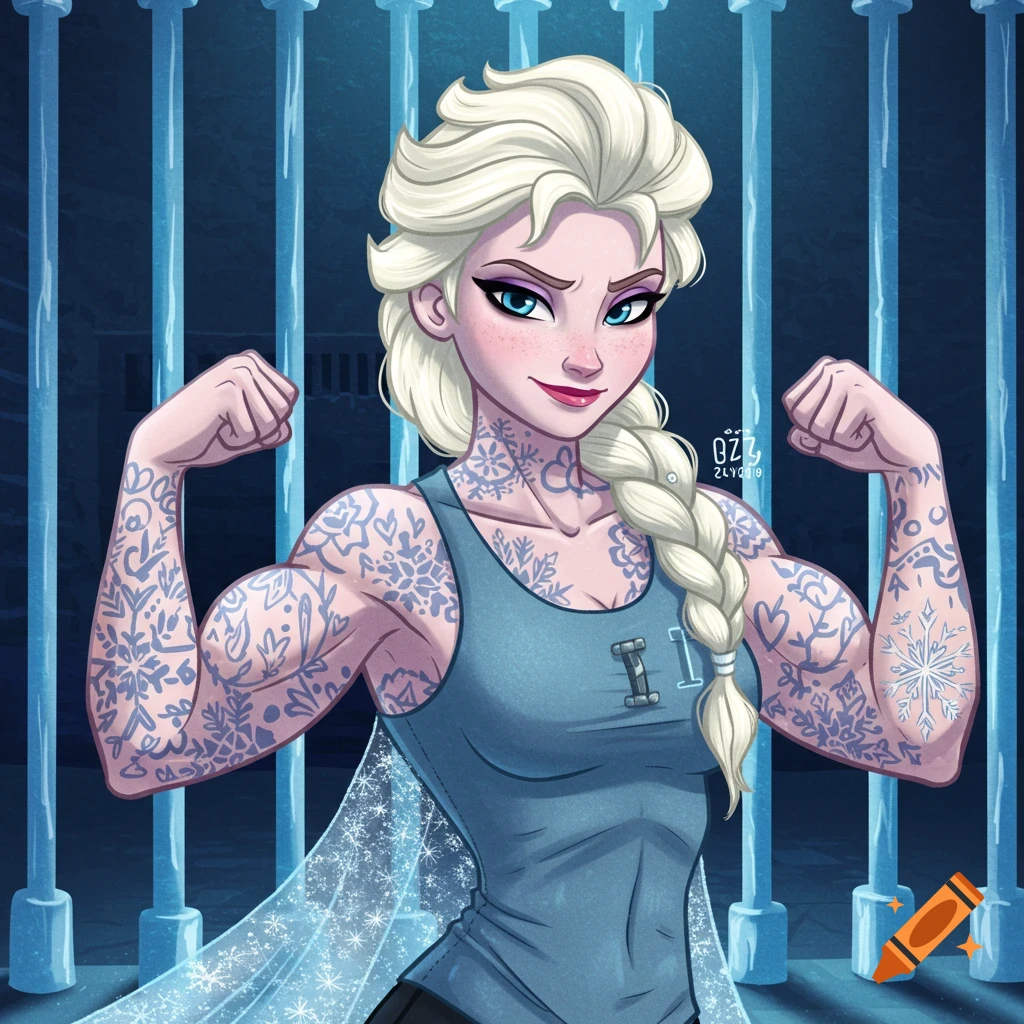 Elsa from Frozen, with muscular, tattooed arms, flexes her biceps in a blue tank top against a jail cell background.