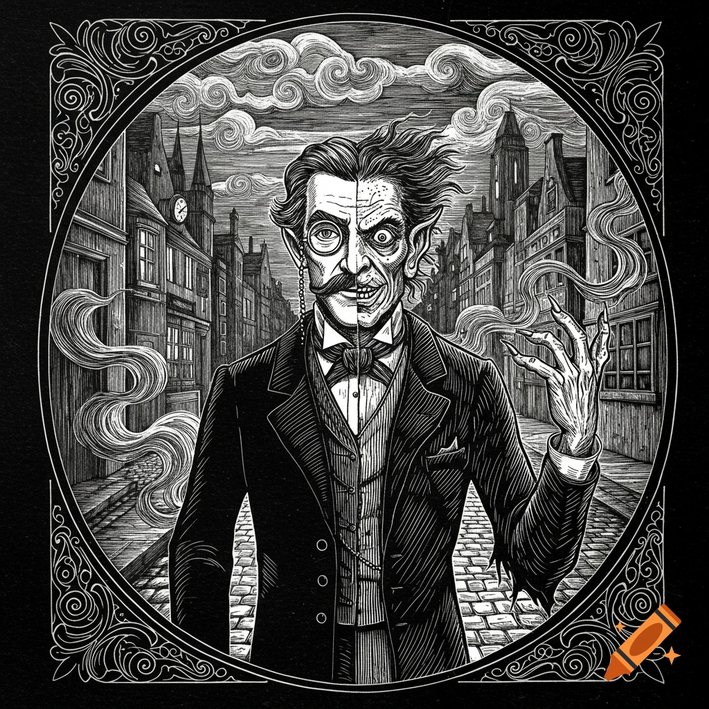 Black and white woodcut illustration of a man, half gentleman and half monster, on a spooky city street.