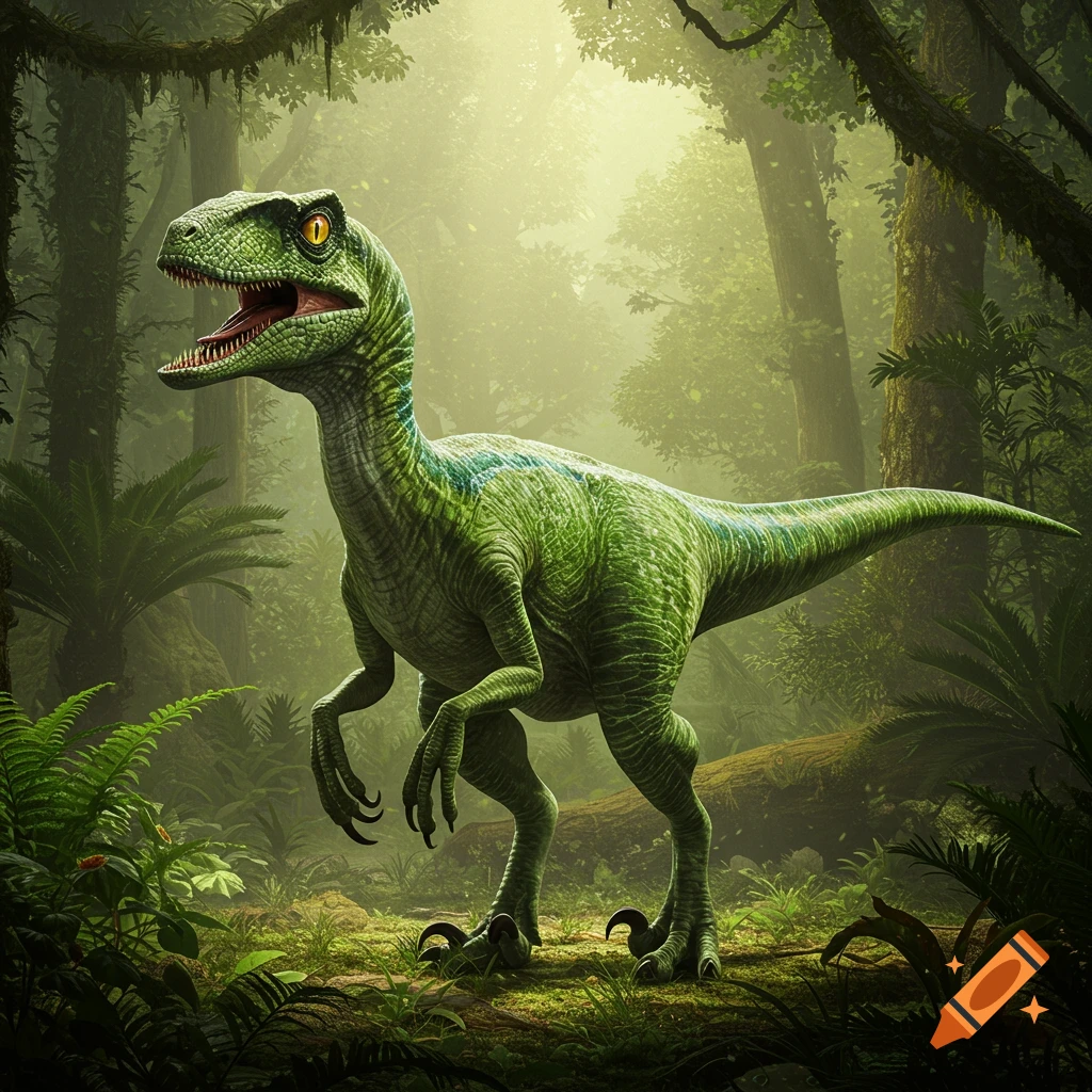 A realistic green velociraptor with yellow eyes stands in a lush, misty jungle environment.