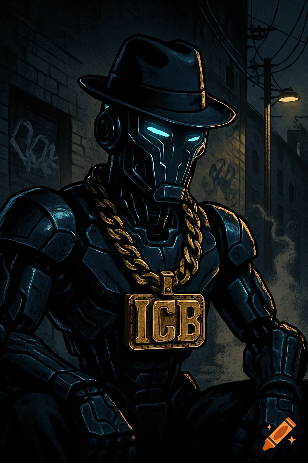 A gangster-like robot wearing a fedora and a gold ICB chain, illuminated by neon lights in a dark alleyway, in a digital art style.