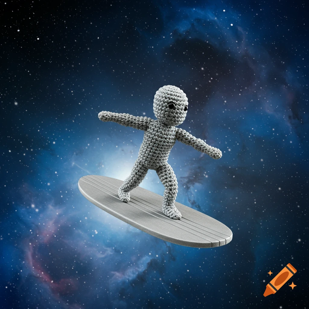 A crocheted grey figure resembling the Silver Surfer balances on a surfboard against a starry space background.