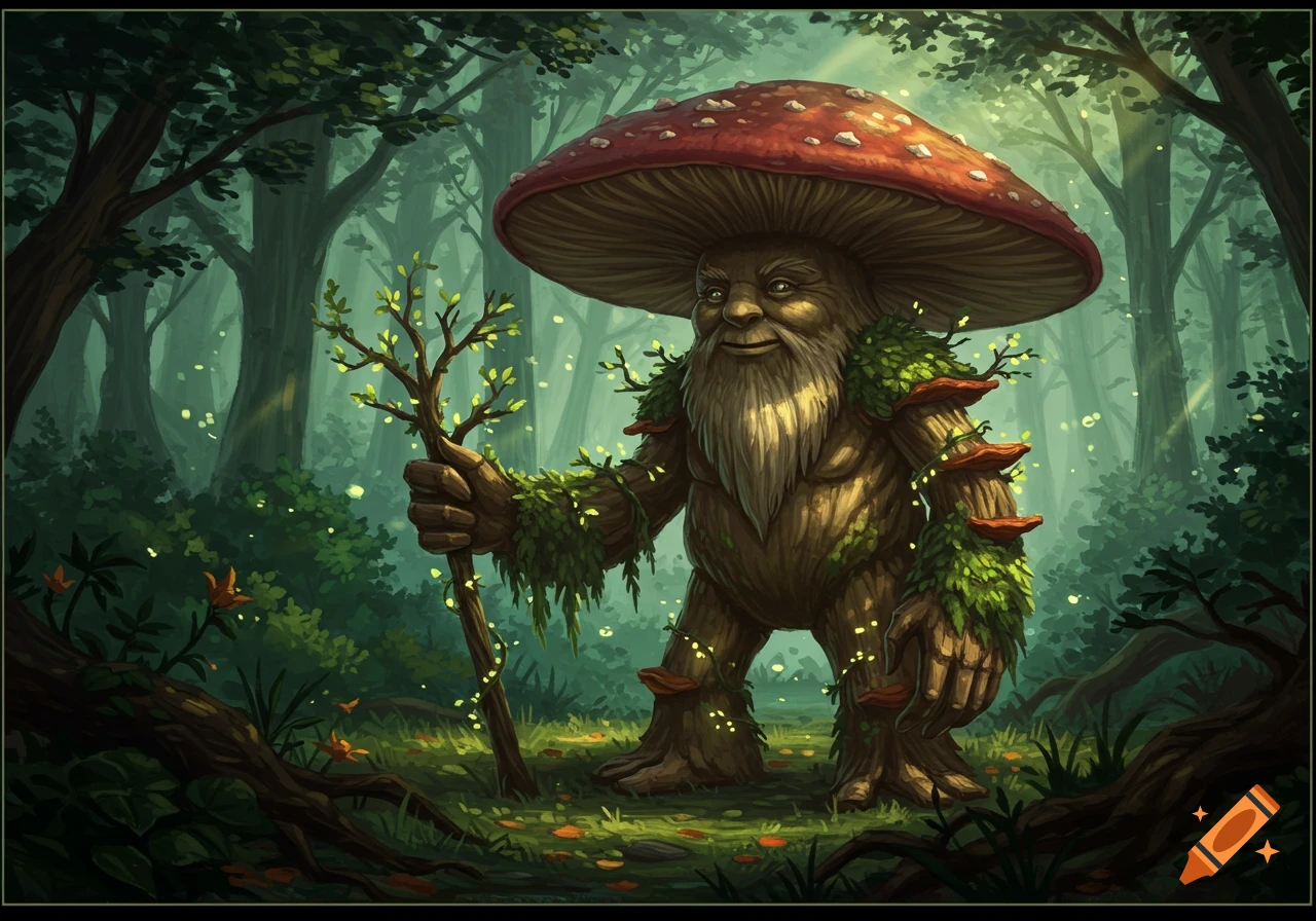 A wise, bearded mushroom giant wizard with a red cap stands in an enchanted forest, holding a glowing branch staff. Digital art.