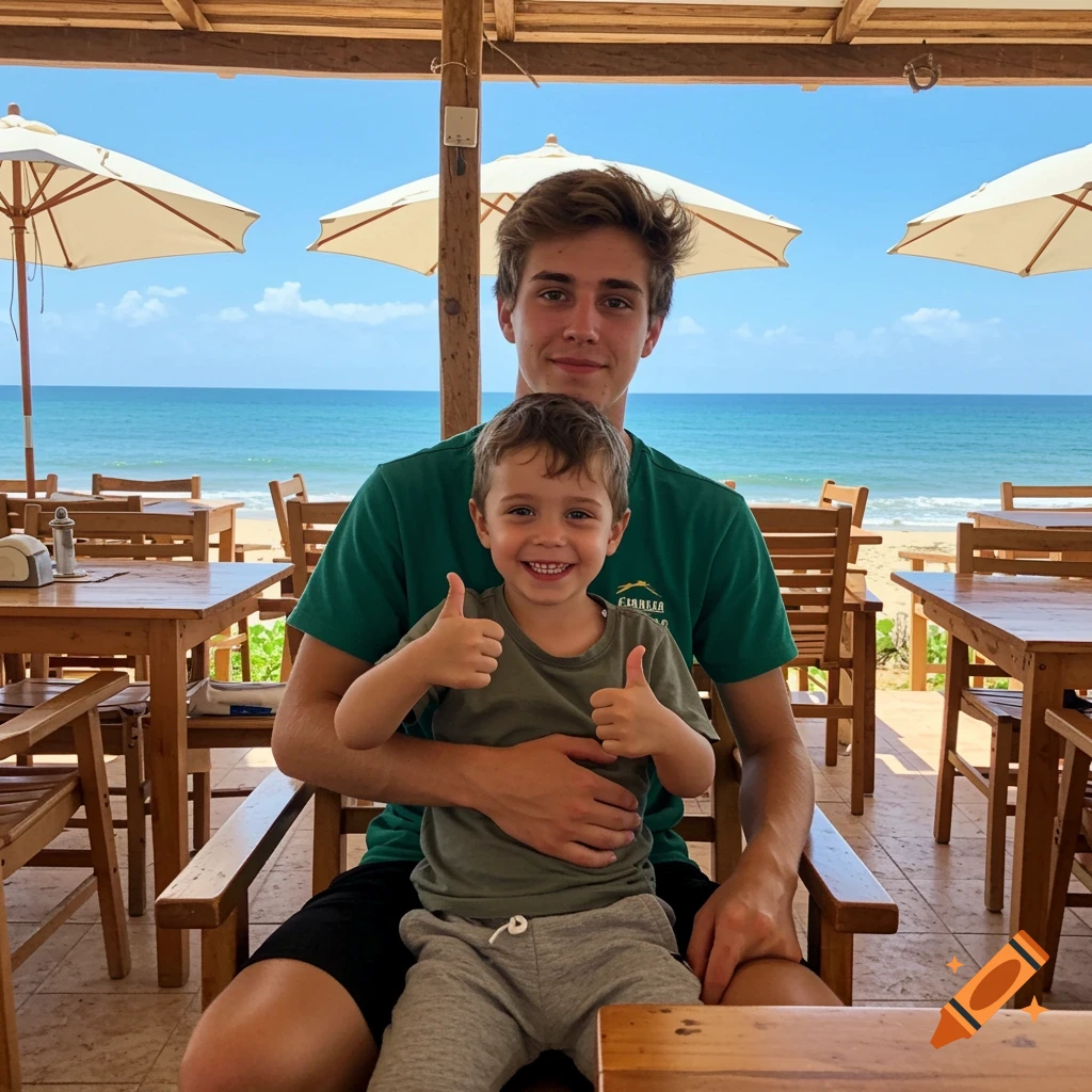 A man holds a young boy on his lap at a beachside restaurant. The boy smiles and gives two thumbs up.