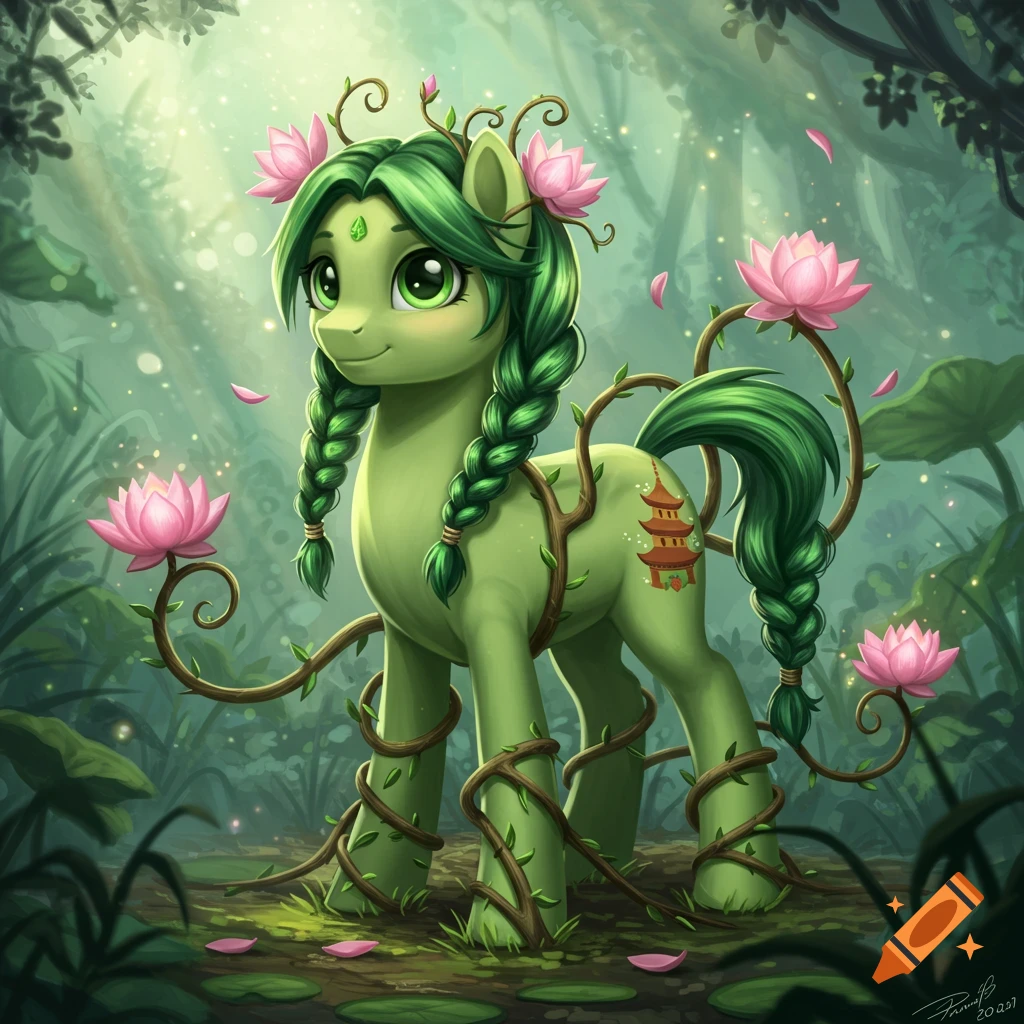 A cute green My Little Pony with braided pigtails and a pagoda cutie mark, covered in vines with pink lotus flowers, stands in an enchanted forest.