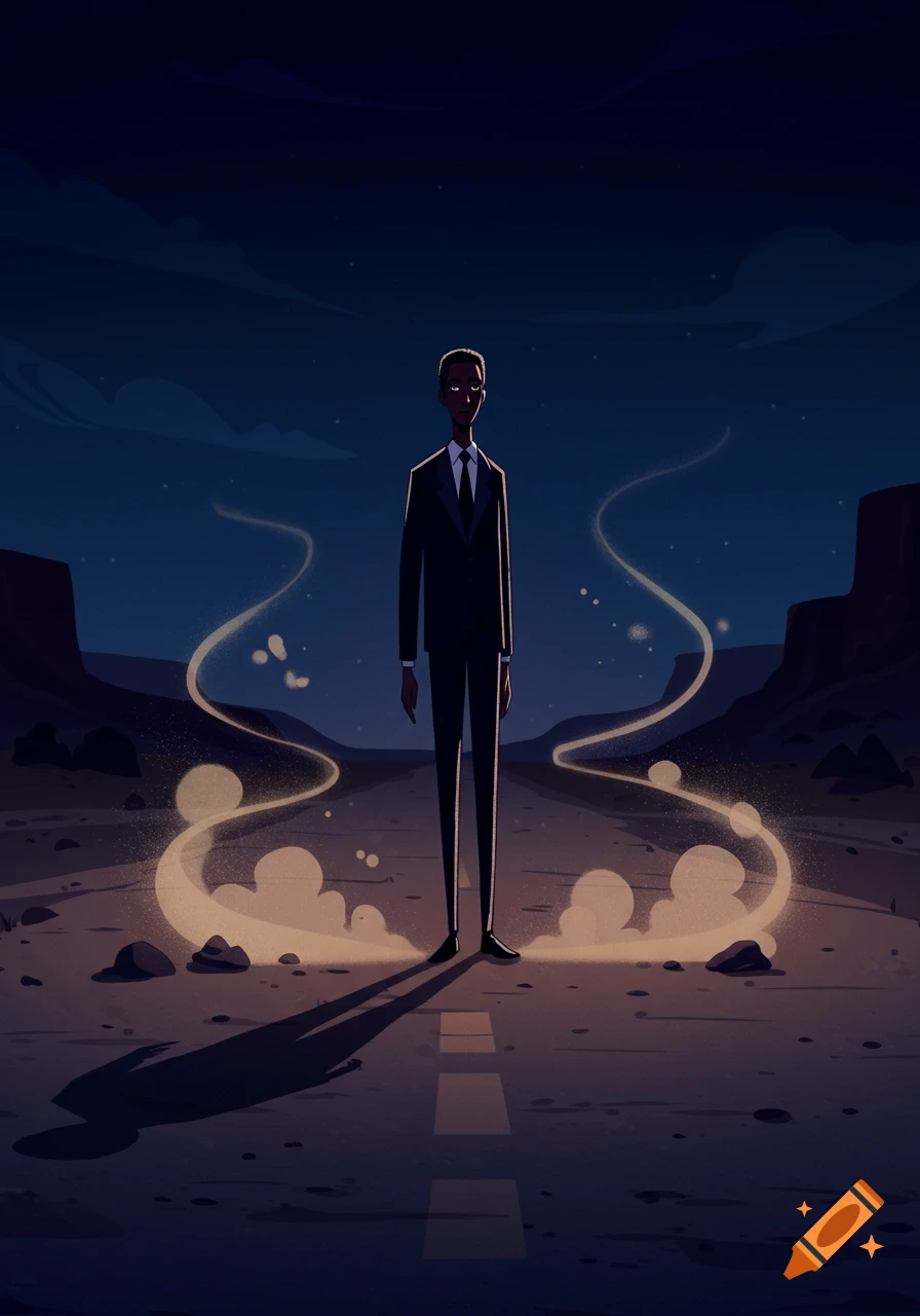 A tall, slender Black man in a dark suit stands on a dusty road at night with glowing trails, in a cartoon animated style.