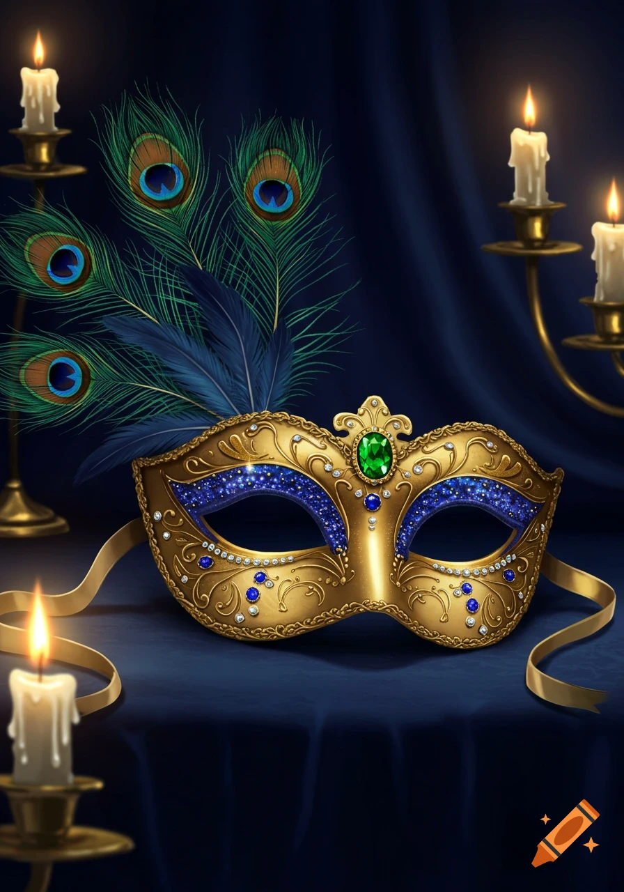 Golden masquerade mask with blue jewels and peacock feathers, surrounded by lit candles on dark blue fabric.