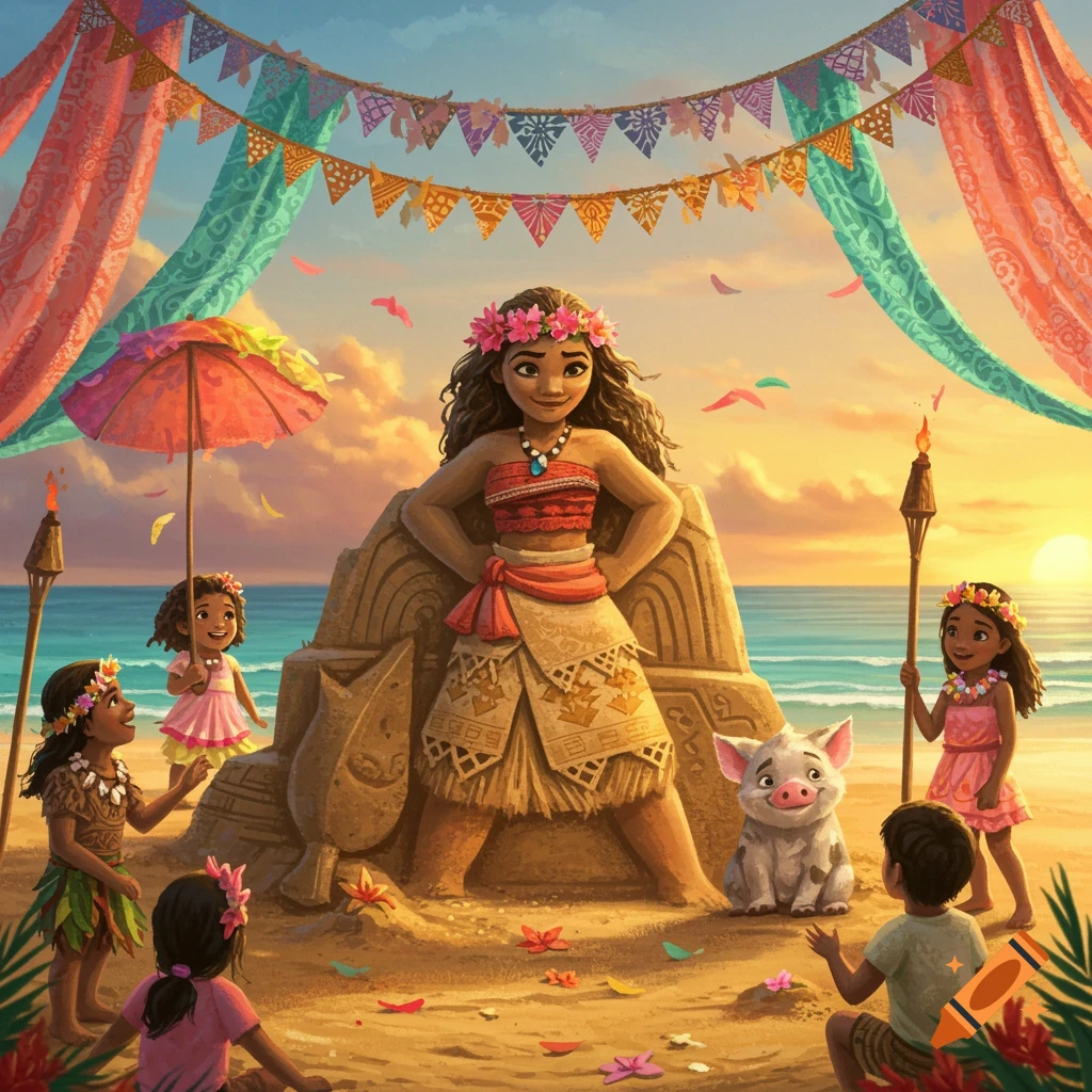 A large sand sculpture of Moana stands on a beach with children, Pua the pig, and Moana herself, decorated with colorful banners at sunset.
