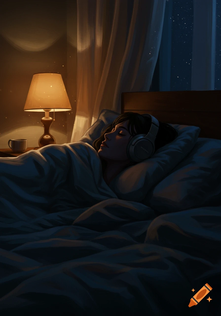 An illustration of a person sleeping in bed with headphones on, illuminated by a bedside lamp in a dark room.