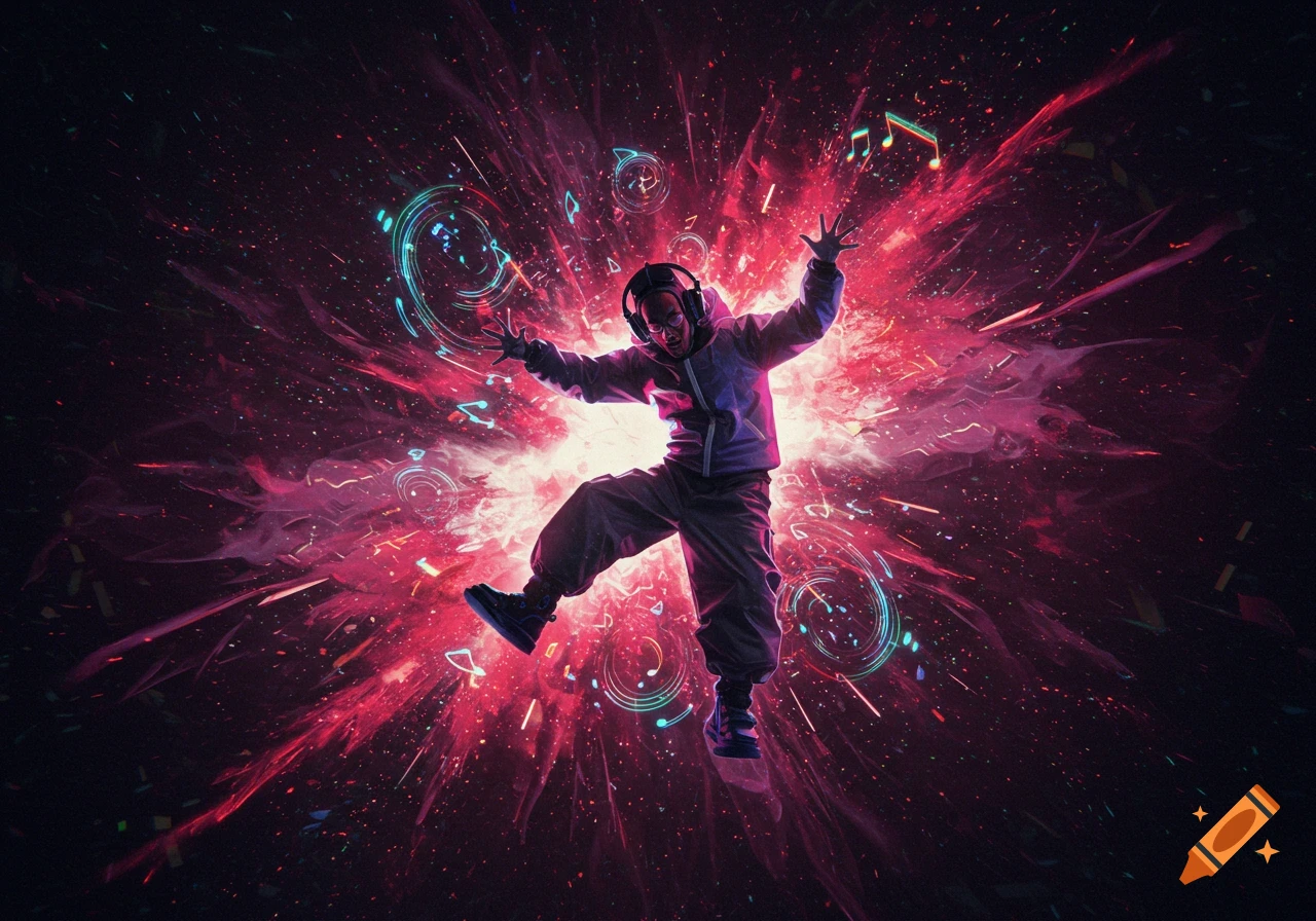 Energetic person with headphones jumping in a vibrant explosion of pink light, surrounded by glowing musical notes, digital art.