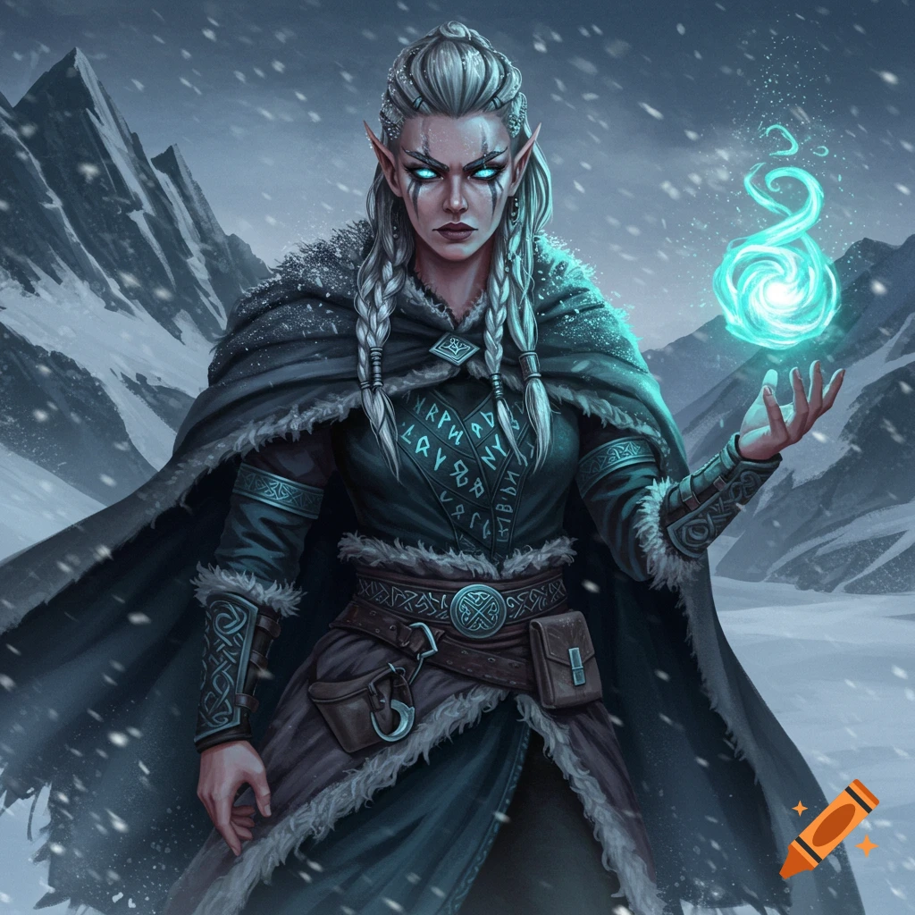 A white-haired female elf wizard in viking-style winter clothes holds glowing magic in a snowy mountain landscape. Digital art.