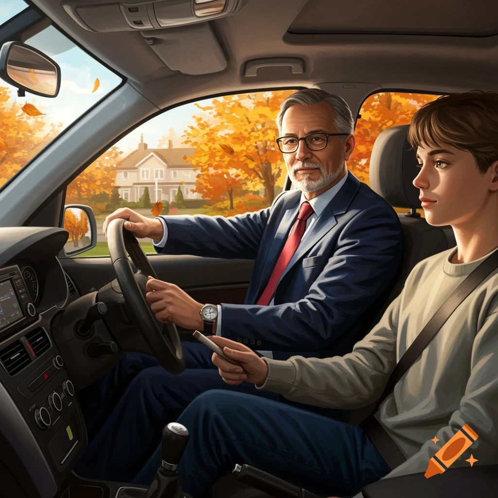 A driving instructor and a student in a car during autumn, with colorful trees and a house in the background. Illustrative style.