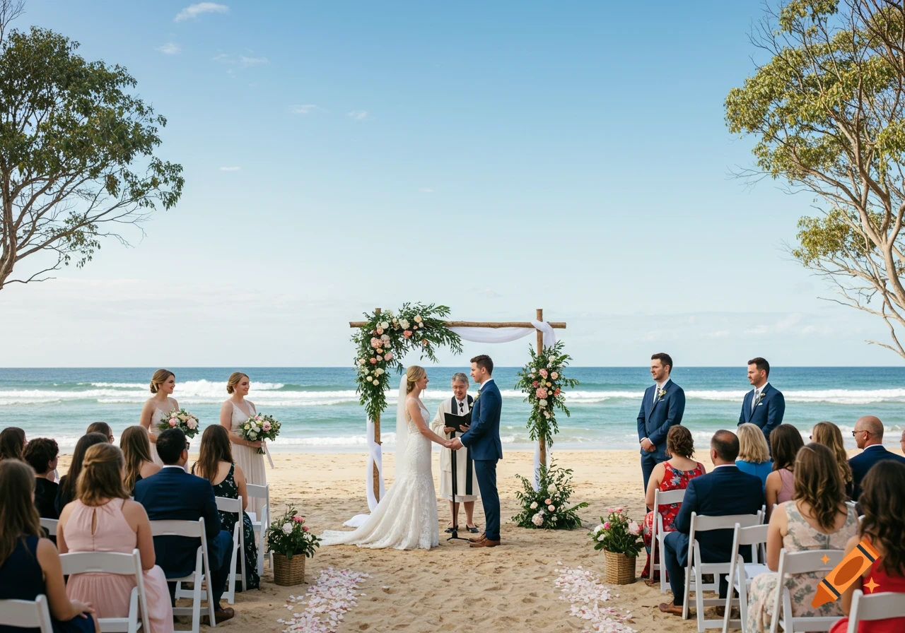 A photorealistic image of a wedding ceremony on a sandy beach. A bride and groom stand under a floral arch, facing an officiant. Guests are seated on white chairs, with the ocean in the background.