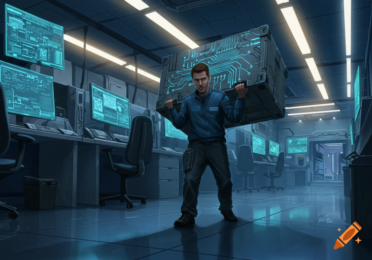An IT technician carries a large box with a glowing circuit pattern through a futuristic control room.