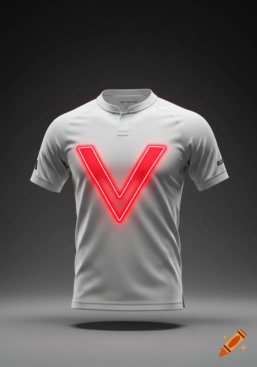 A white rugby jersey with a glowing neon red V on the chest, floating against a dark background.