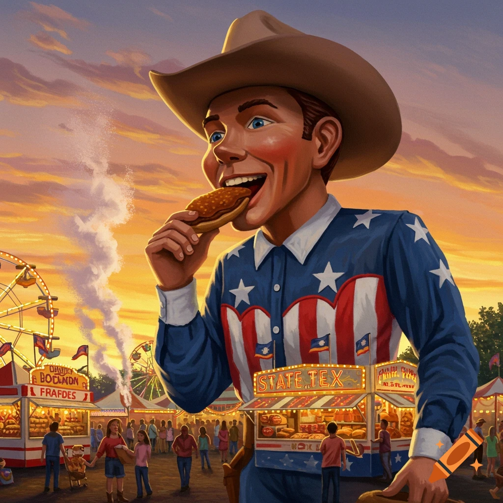 A stylized man in a cowboy hat and American flag shirt happily eats a corn dog at a bustling state fair during sunset, with Ferris wheels and food stalls in the background.
