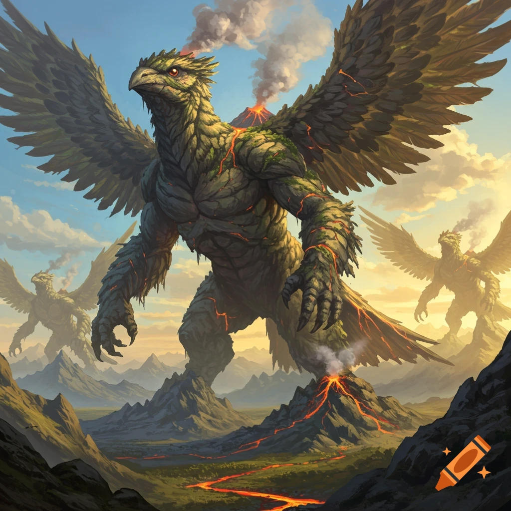 Gigantic winged bird-like monsters made of earth, mountains, and volcanoes stand in a vast volcanic landscape under a dramatic sky.
