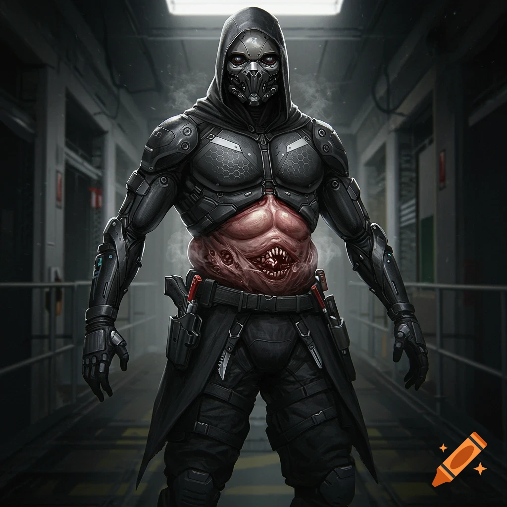 A menacing, cyberpunk assassin in a black tactical suit with a grotesque, toothy stomach, standing in a dim industrial corridor.