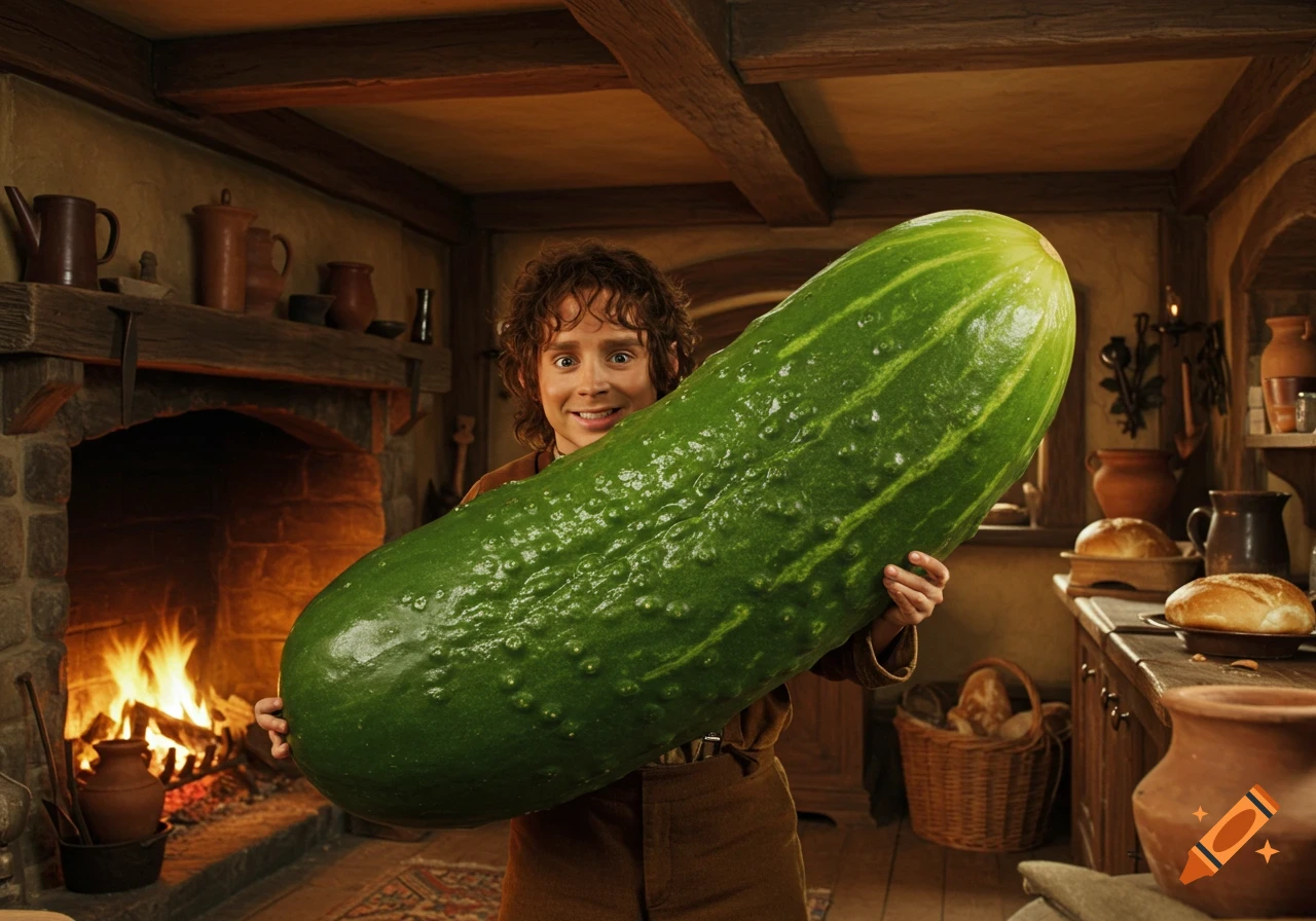 Frodo Baggins happily holds a giant cucumber in a cozy, photorealistic Hobbit hole kitchen with a burning fireplace.