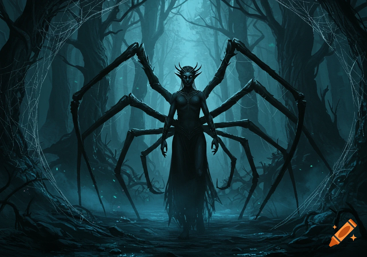 A dark fantasy illustration of a spider-human hybrid creature with multiple arachnid legs, glowing eyes, and horns, standing in a misty, dark forest with cobwebs.
