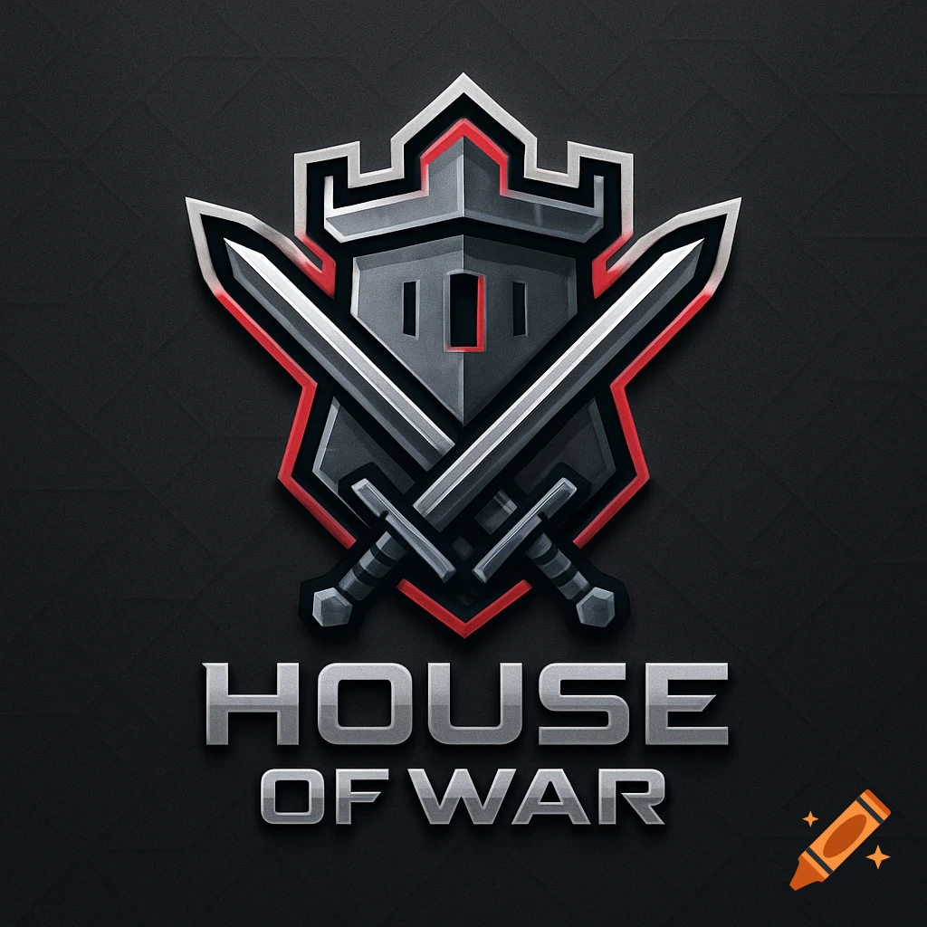 A grey and red gaming logo featuring a castle tower and two crossed swords, with the text 'HOUSE OF WAR' below.