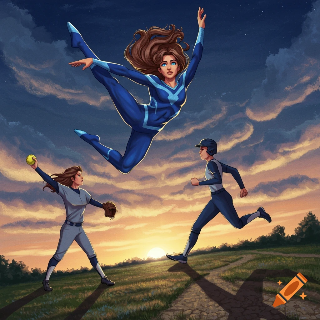 A stylized superhero flies above a softball player and a runner in a field at sunset.