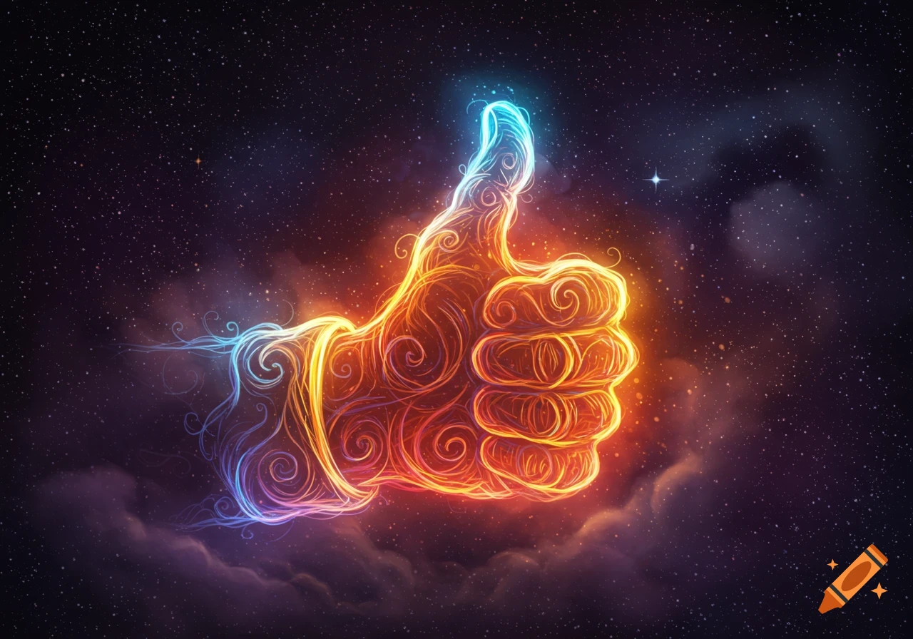 A vibrant, glowing thumbs-up gesture formed by swirling orange and blue light, set against a dark, starry cosmic background.