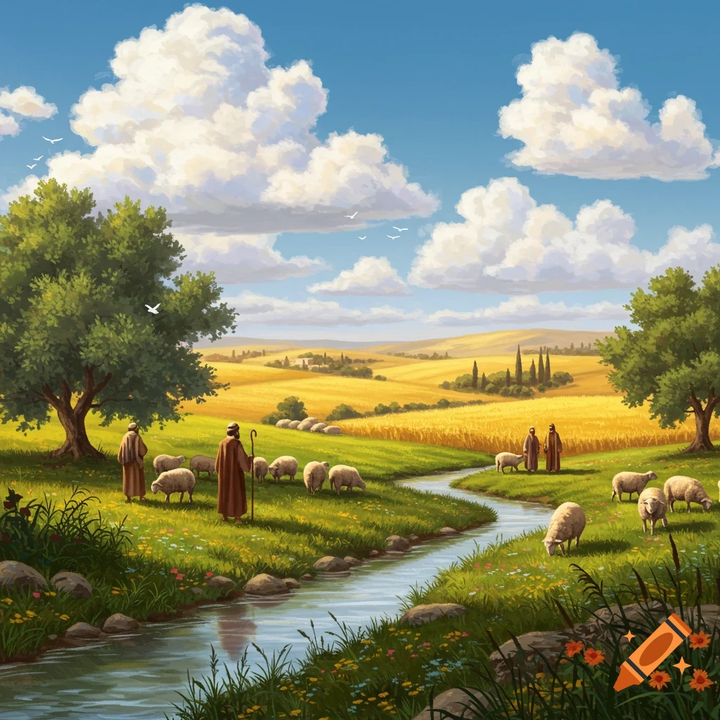 An illustrated pastoral landscape with shepherds tending sheep by a river flowing through green fields, under a blue sky with fluffy clouds.