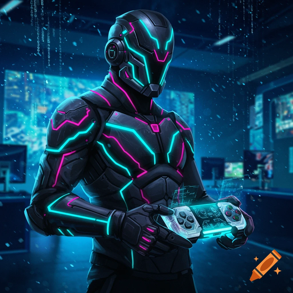 A futuristic robot or cyborg in black armor with neon pink and cyan lights holds a glowing video game controller.