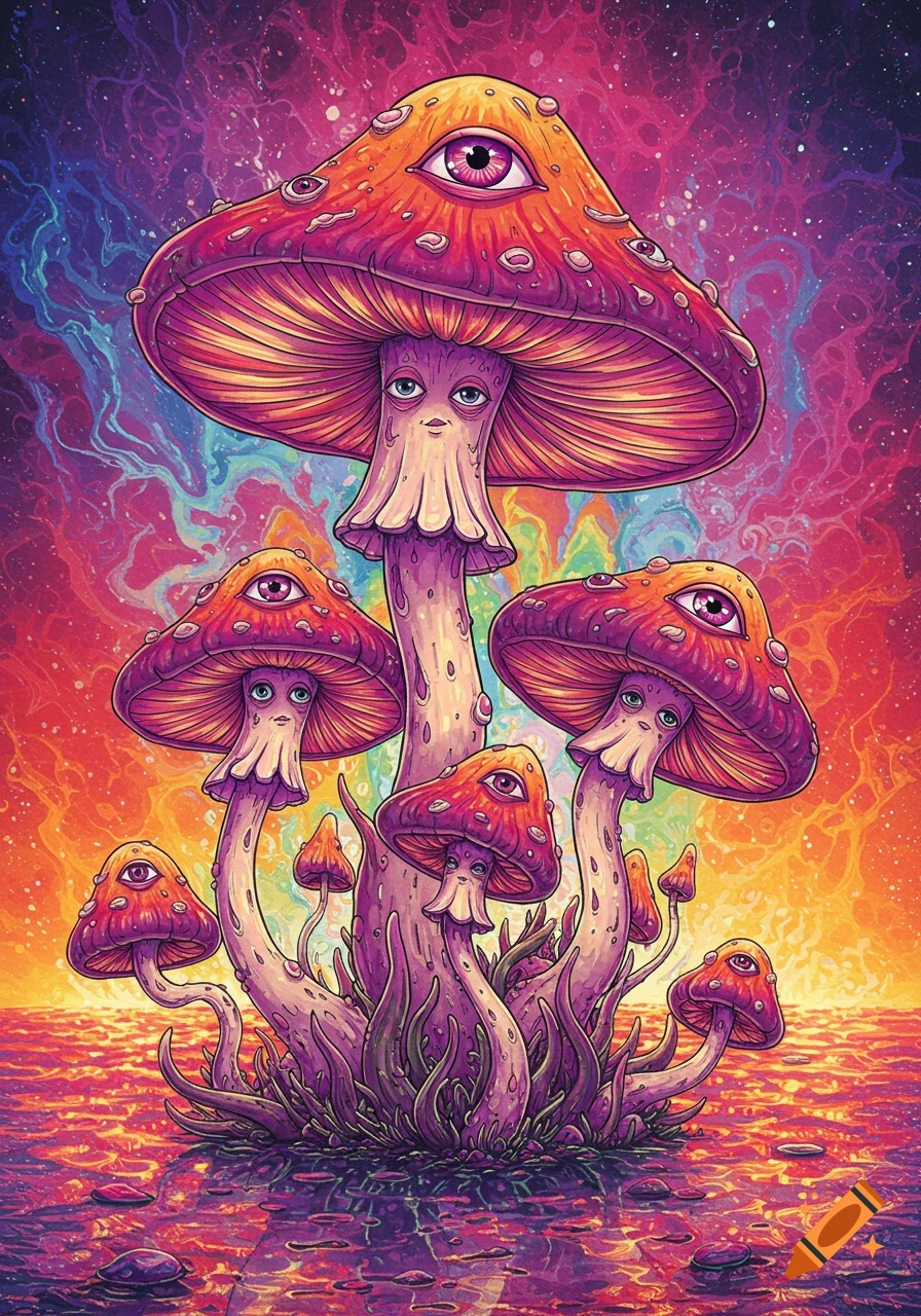 Colorful psychedelic mushrooms with eyes on their caps and stems, standing in a vibrant, reflective landscape under a swirling rainbow sky.