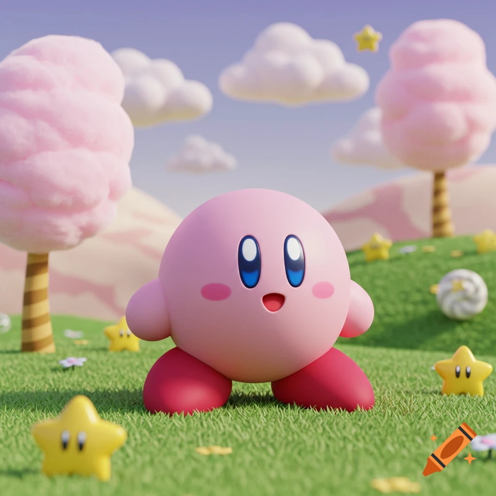 A cute 3D rendered Kirby stands on a grassy hill with yellow stars, pink cotton candy trees, and white clouds.