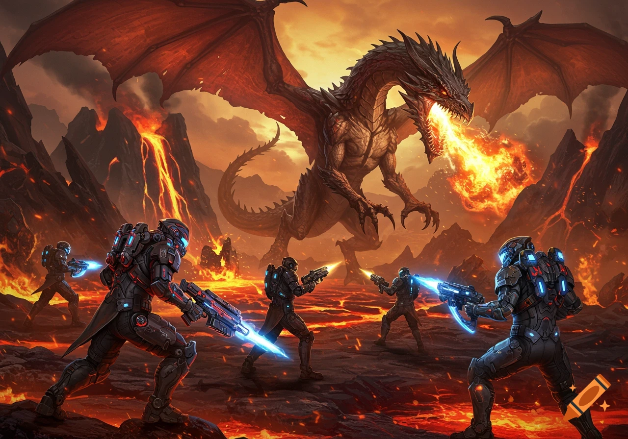 Futuristic soldiers fight a massive fire-breathing dragon in a volcanic landscape filled with lava, in an epic digital art style.