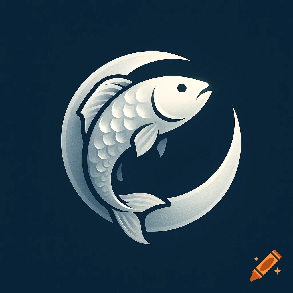 A stylized white fish curving within a white crescent moon shape against a dark blue background, resembling a logo.