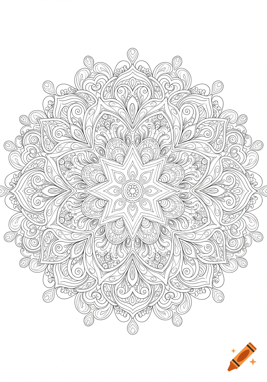 Black and white detailed symmetrical mandala pattern for a coloring book.