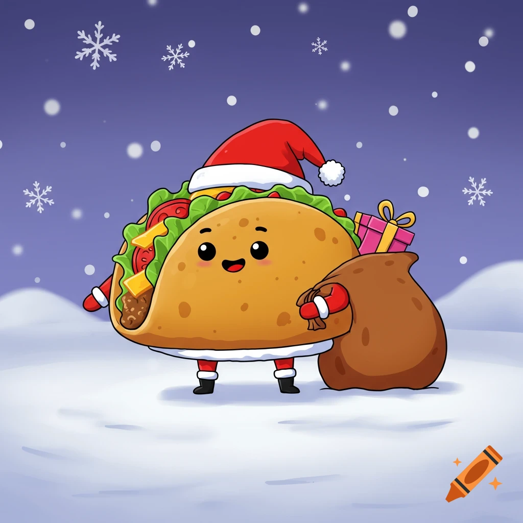 A cute cartoon taco dressed as Santa Claus, wearing a Santa hat and suit, holding a sack of gifts in a snowy winter scene with snowflakes.