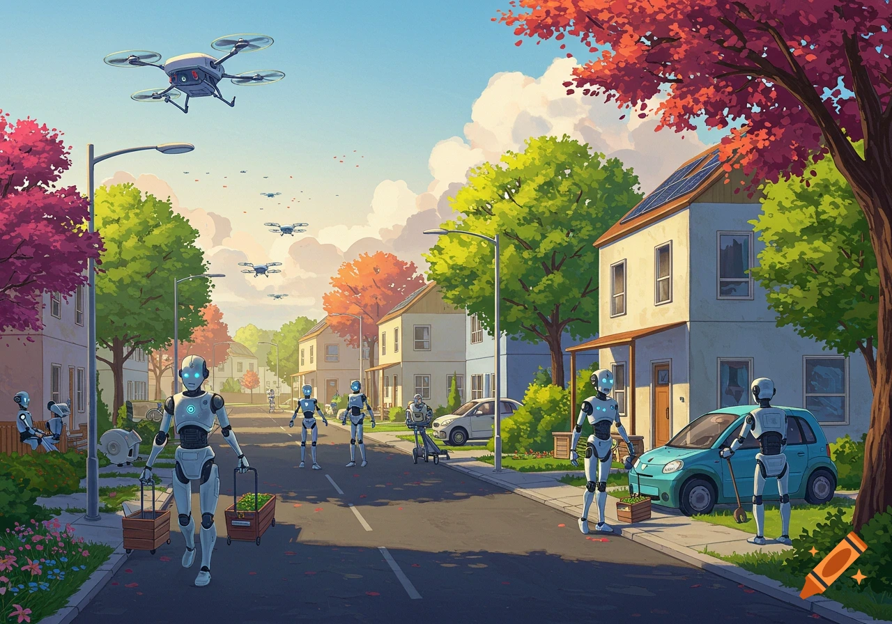 Illustrated scene of robots and drones performing tasks in a sunny, green suburban neighborhood with houses and trees.