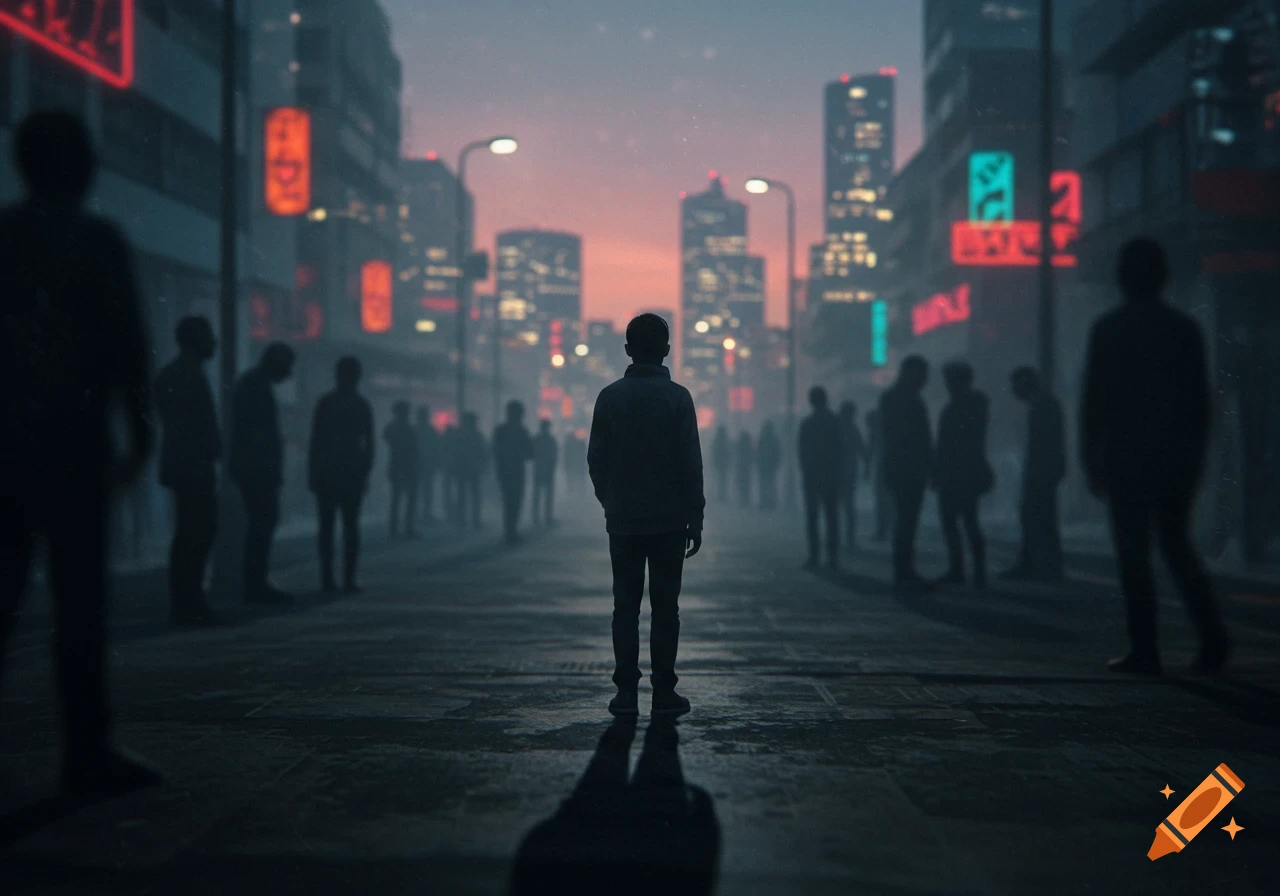 A lone figure stands in the middle of a city street at dusk, surrounded by blurry silhouettes of other people and neon signs.