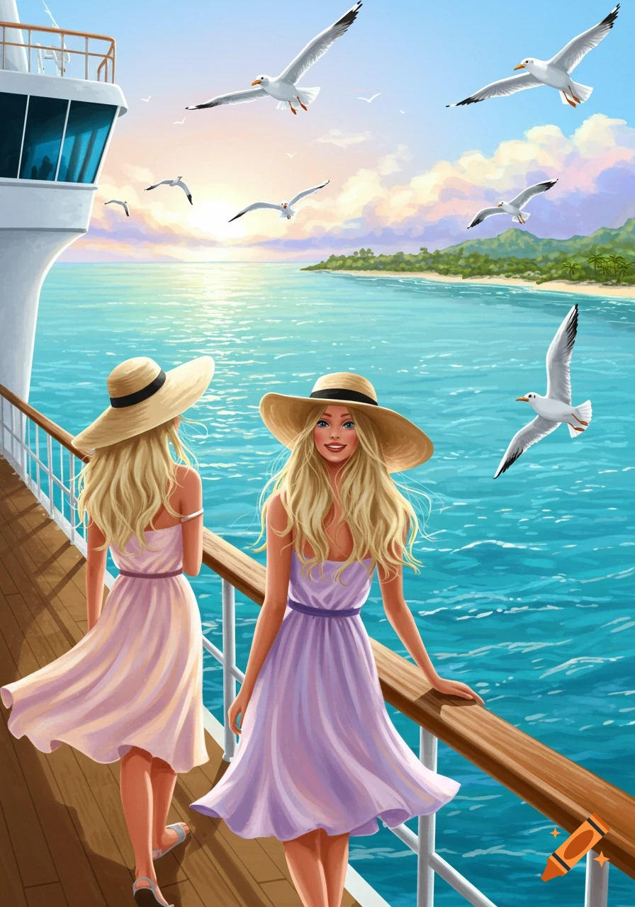 Two blonde women in sun hats and sundresses stand on a cruise ship deck at sunset, overlooking a turquoise ocean with an island and flying seagulls. Illustration.