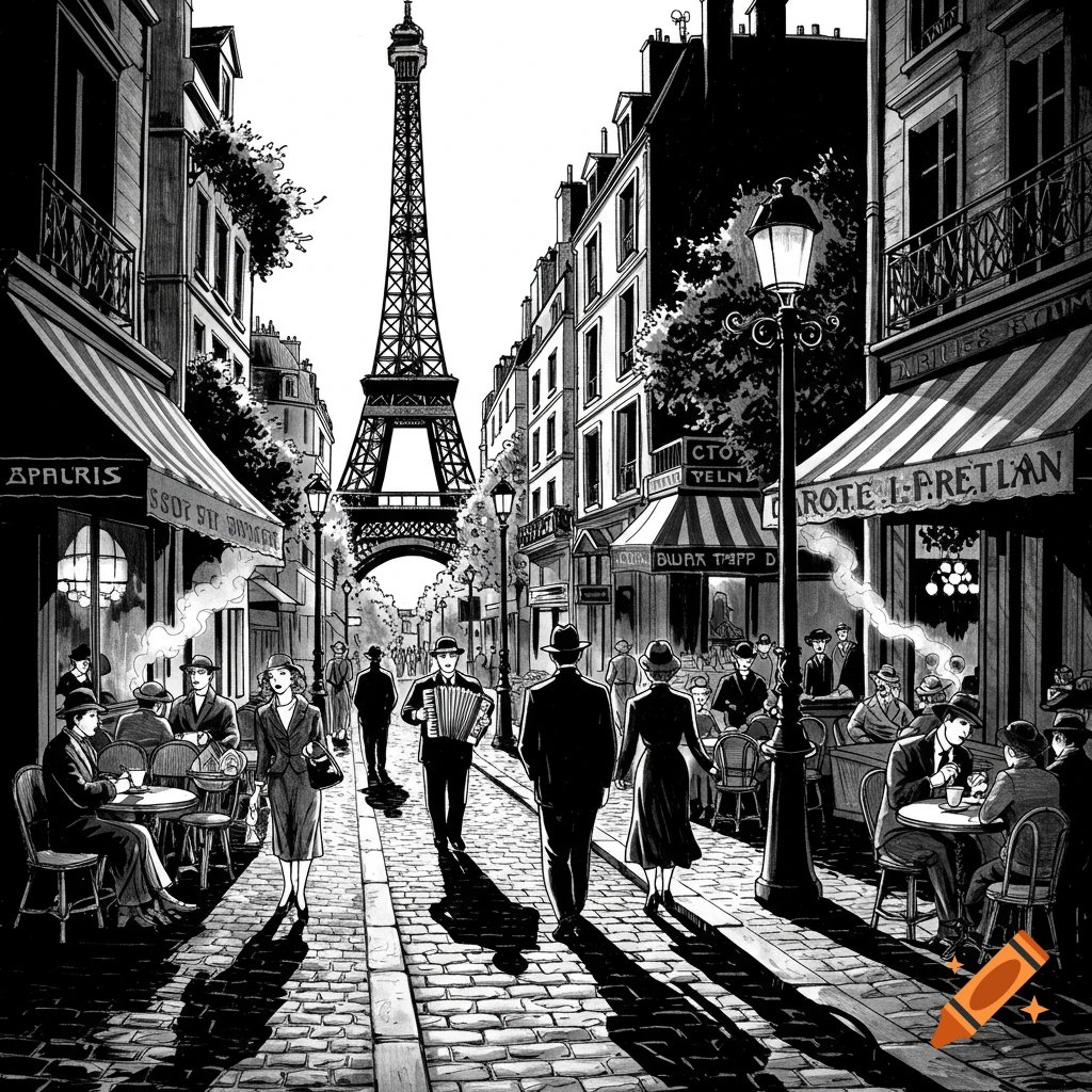 Black and white comic style ink drawing of a 1940s Parisian street with cafes, pedestrians, and the Eiffel Tower.