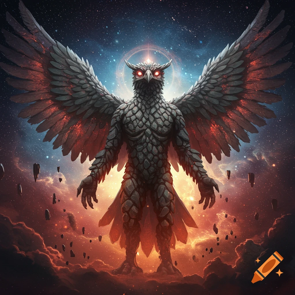 A powerful, winged, rock-skinned humanoid bird with glowing red eyes stands in a vibrant cosmic void with stars and fiery nebulae.