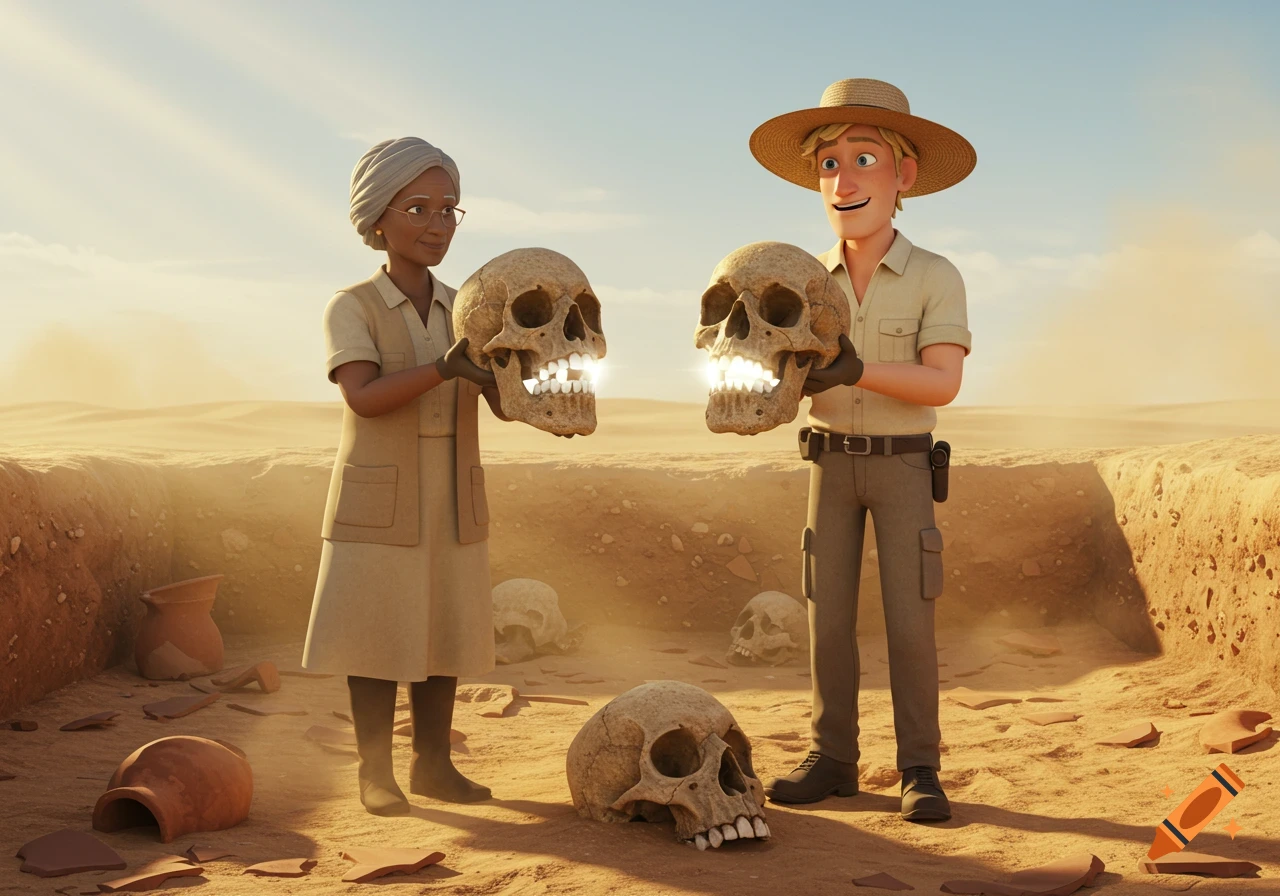 Two cartoon archaeologists in a desert excavation site proudly hold up human skulls with sparkling white teeth.