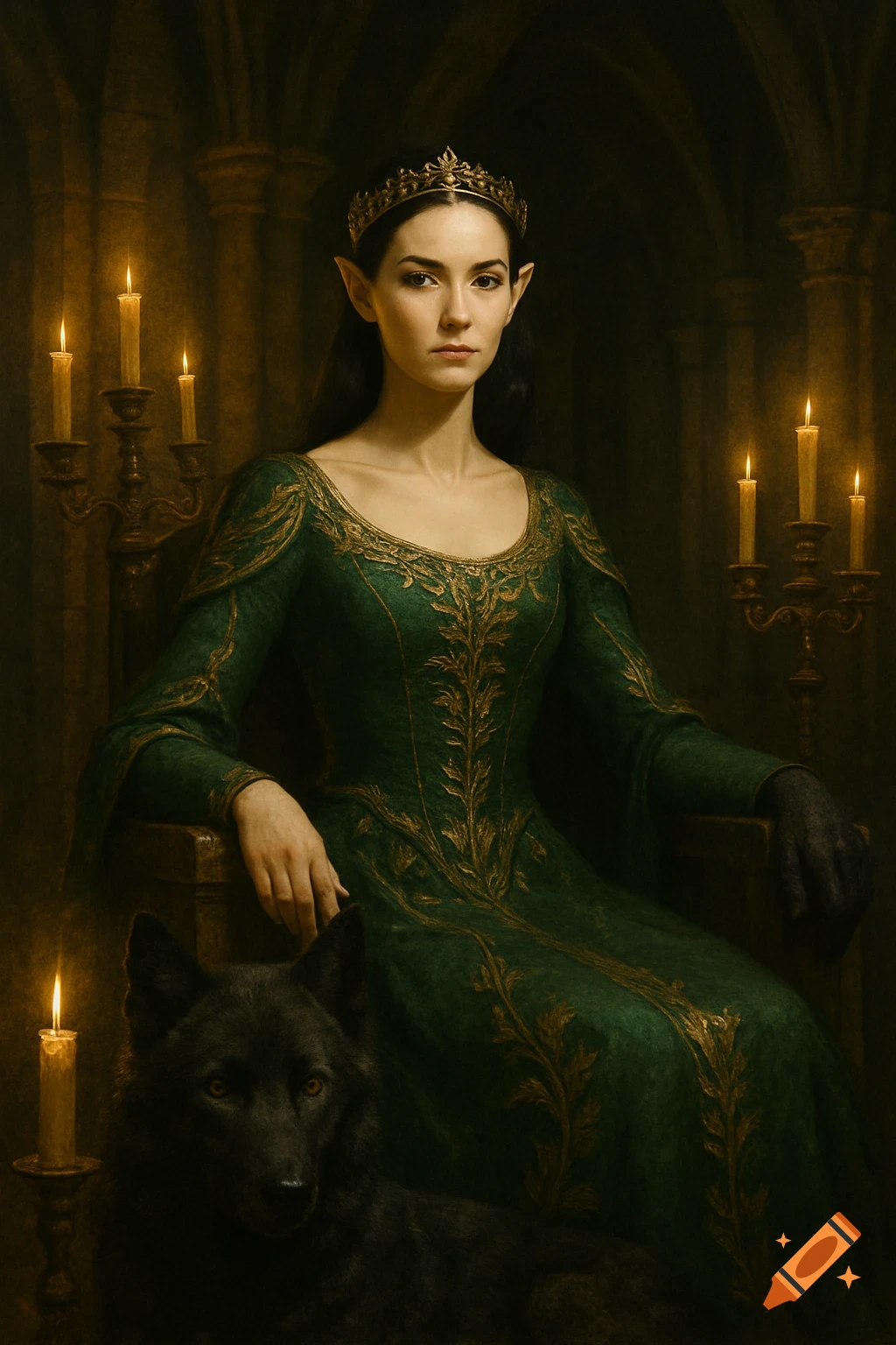 A regal elf queen in a green gown and crown sits on a throne with a black wolf in a dimly lit gothic hall, in a realistic oil painting.