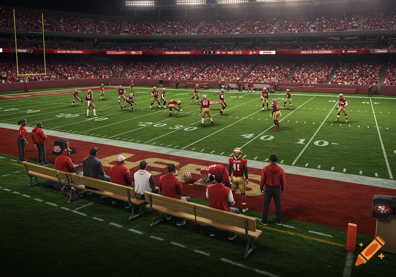 An overhead view of a football game in progress on a field with yard lines, players in red and gold uniforms, coaches on the sidelines, and a crowd in the stadium.