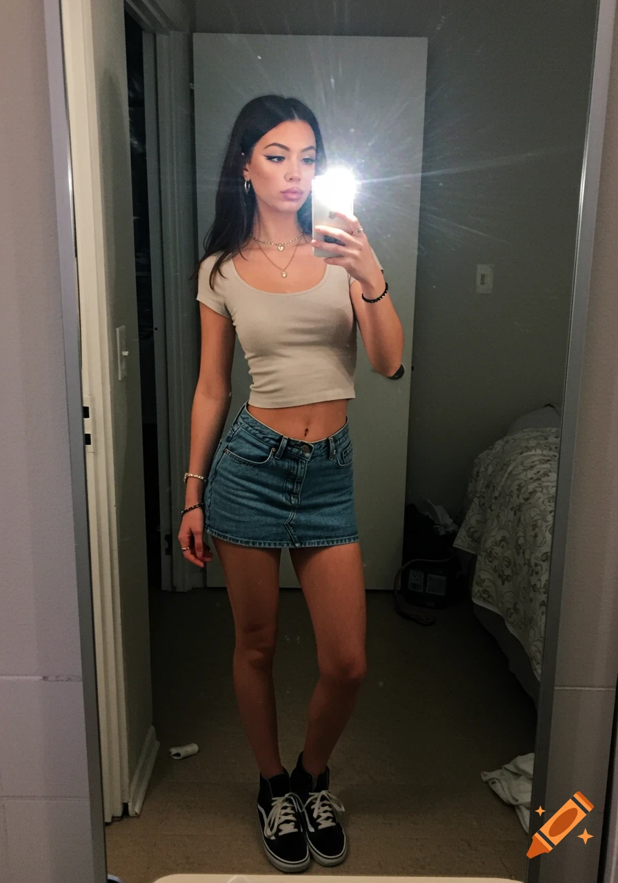 A young woman in a beige crop top, denim mini skirt, and black sneakers takes a mirror selfie in a room.