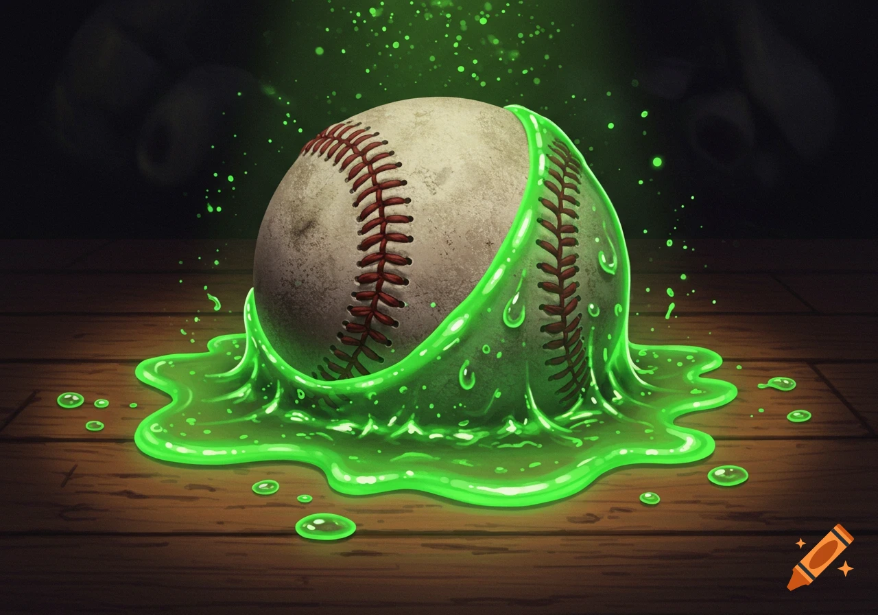 A dirty baseball partially submerged in a pool of bright green, glowing goo on a wooden surface, with green splatters and droplets in a dark background. Stylized illustration.
