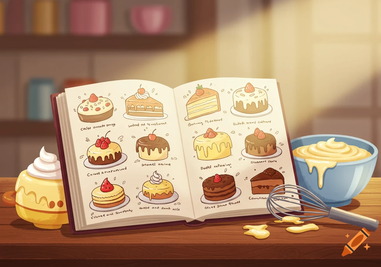 A cartoonish open recipe book on a wooden table, showing various cakes and dessert illustrations. A bowl of batter and a whisk are next to the book.