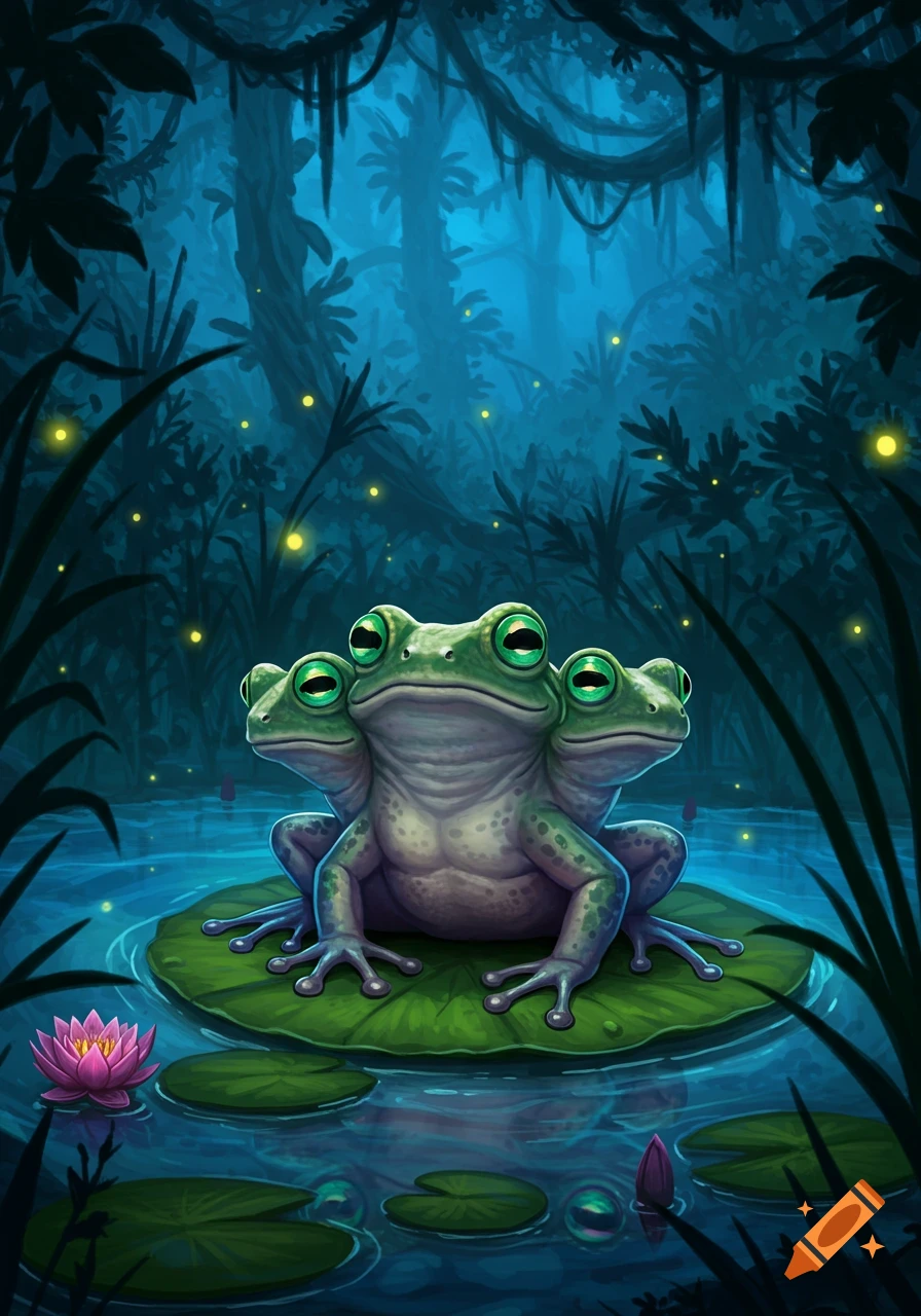 A stylized three-headed frog sits on a lily pad in a glowing, dark blue swamp with fireflies and lily pads.