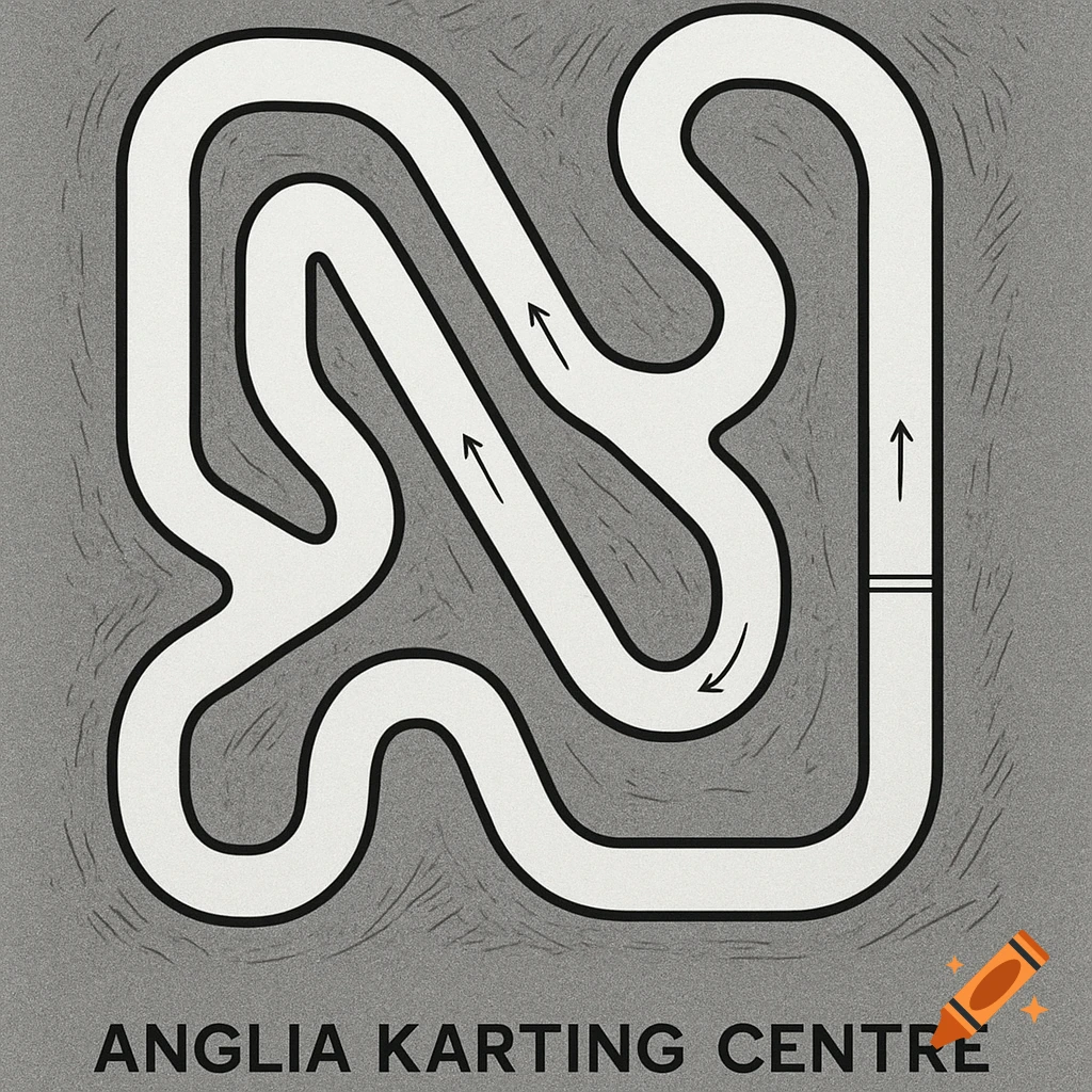 Overhead stylized map of Anglia Karting Centre with a white track, black outlines, and arrows on a grey background.